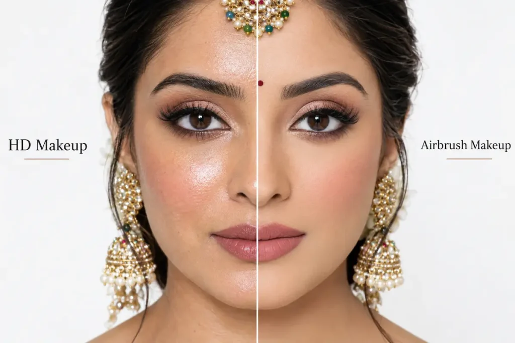 HD vs airbrush makeup comparison showing the difference in finish