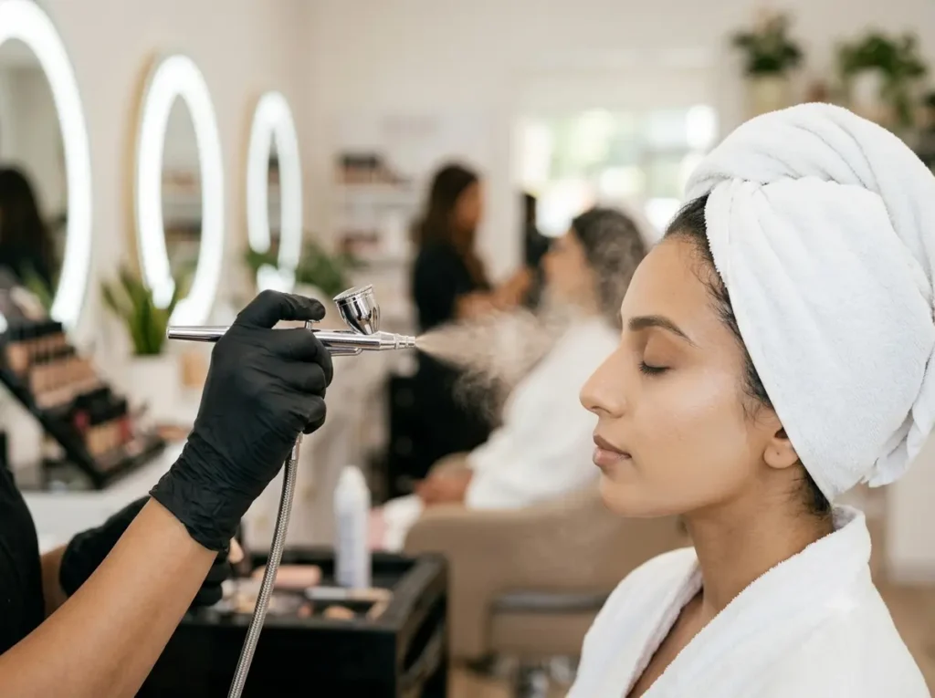 Airbrush makeup being applied on a bride