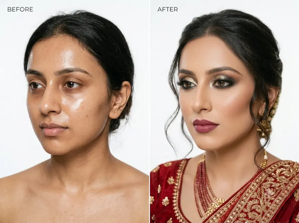 Airbrush bridal makeup before and after transformation