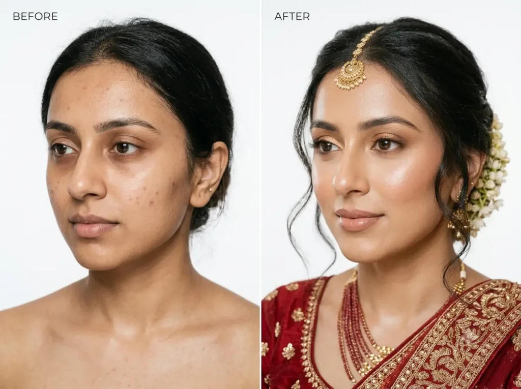 HD bridal makeup before and after by Farah Makeover Delhi