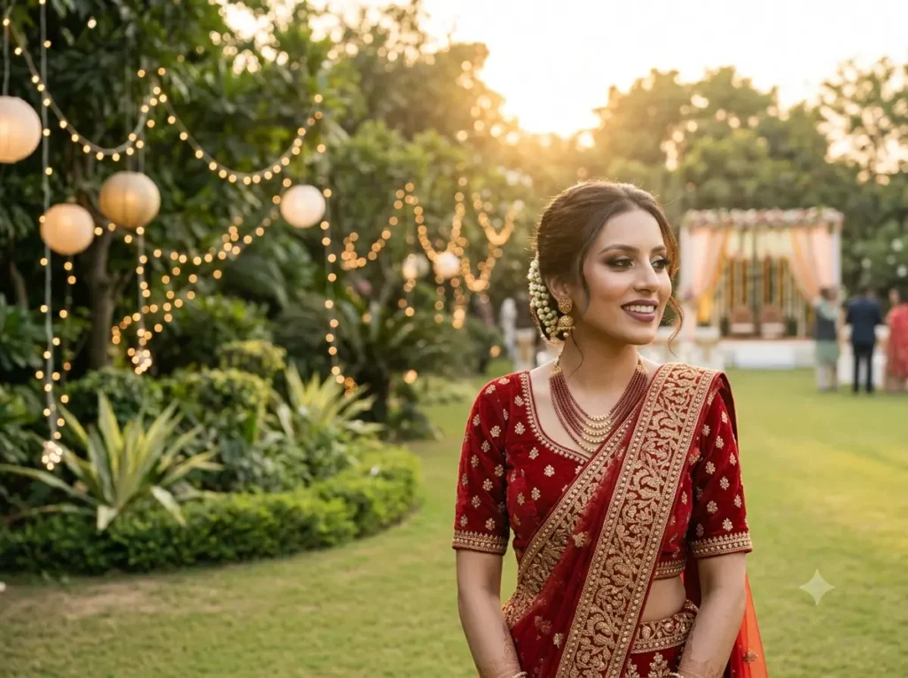 Bridal makeup at an outdoor wedding in Delhi NCR